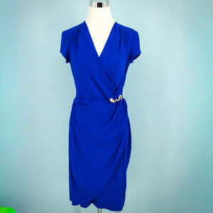 Cache Size Large L Royal Blue Gold Metal Snake Wrap V Neck Short Sleeve Dress
